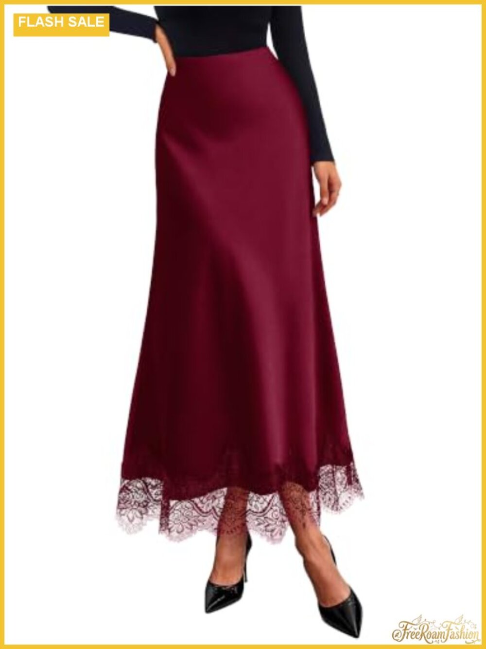 Satin A-Line Maxi Skirt with Lace Trim High Waisted